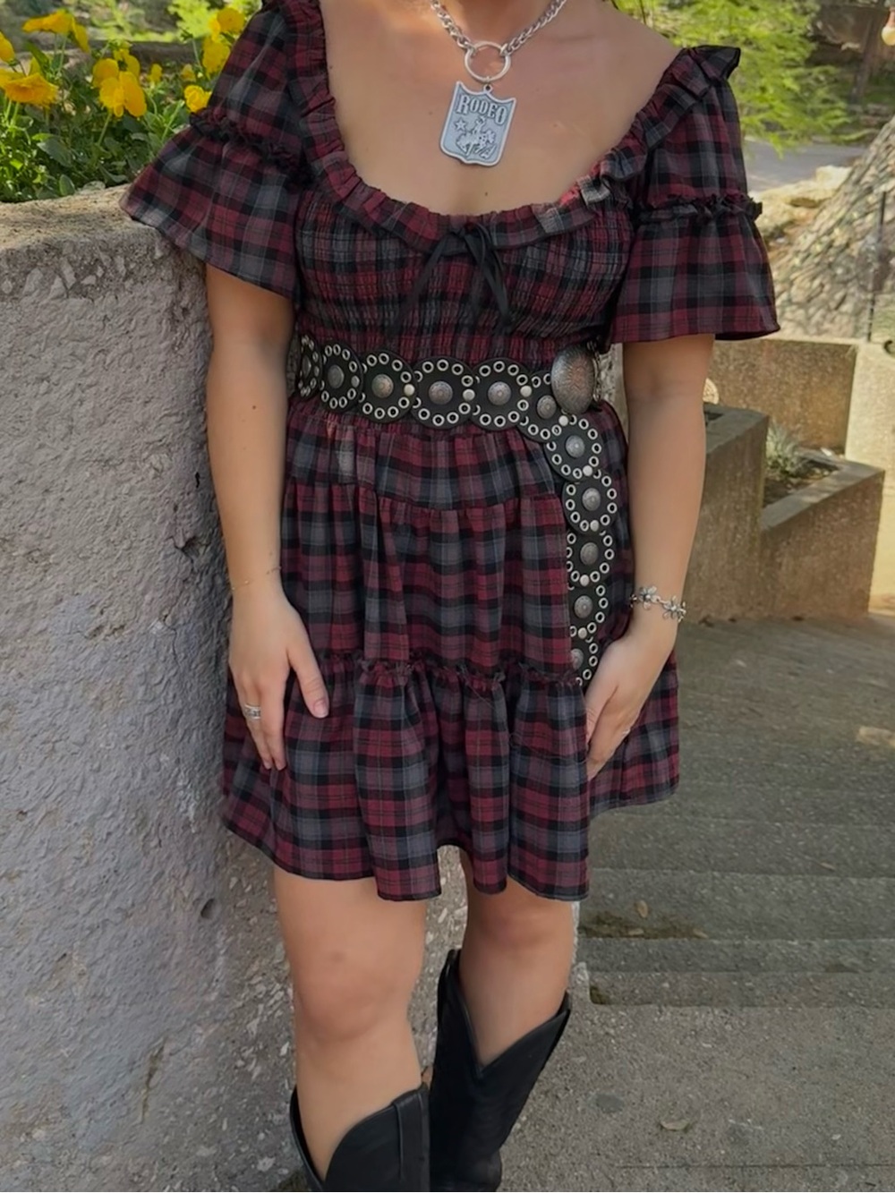 Urban Outfitters Burgundy and Black Plaid Off-Shoulder Mini Dress